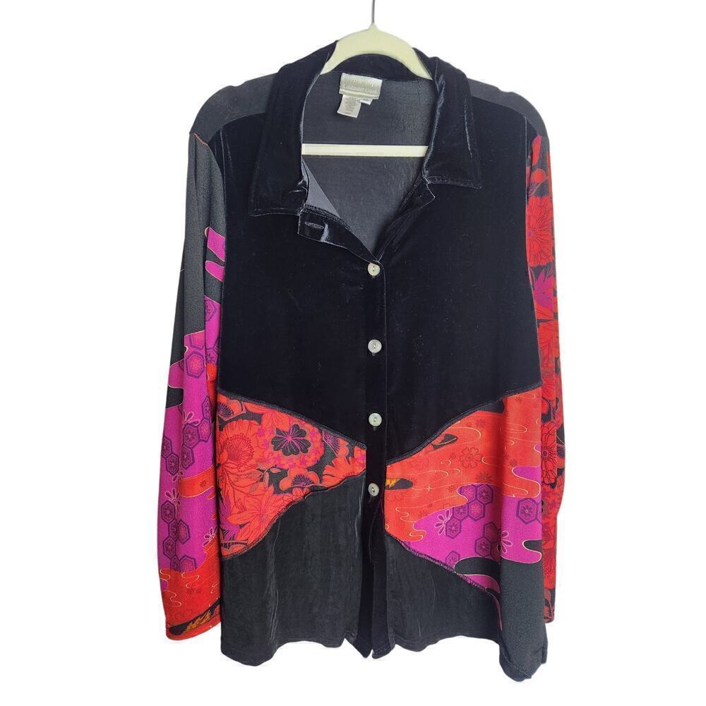 Coldwater Creek Mixed Media Print Button Up Blouse sz XL mop buttons, stretch